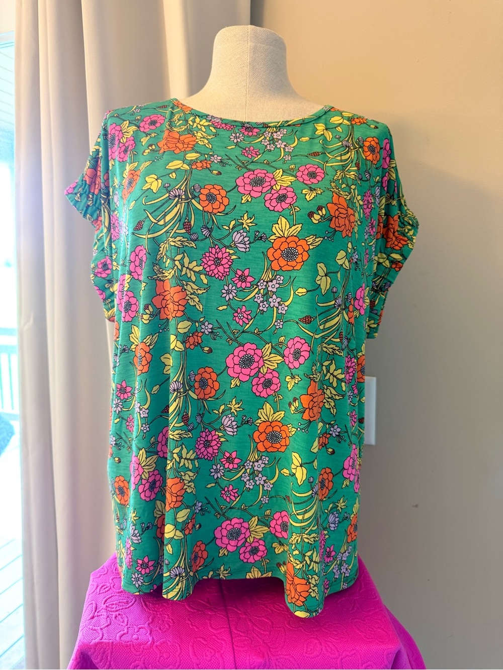 Sew In Love Teal Green Short Sleeve Top with Pink & Orange Floral Print